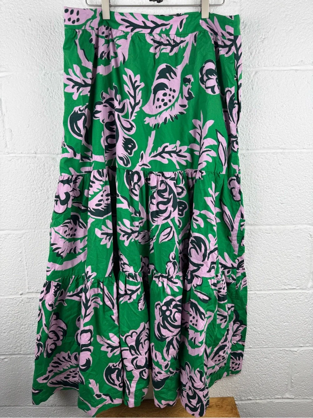 Boden Lorna Tiered Maxi Skirt Green Pink Floral Cotton US 14R